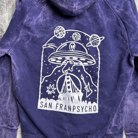 San Franpsycho Mens M Hoodie Sweatshirt Faded Purple Front Back Logo Alien UFO - Picture 8 of 8
